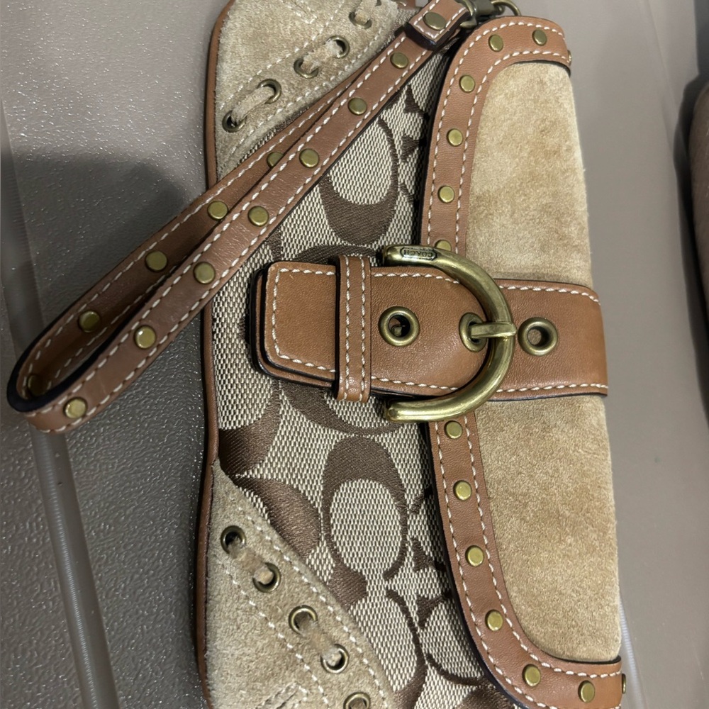 COACH Brown and Tan Wristlet with Gold Accents Excellent USED  Cond.